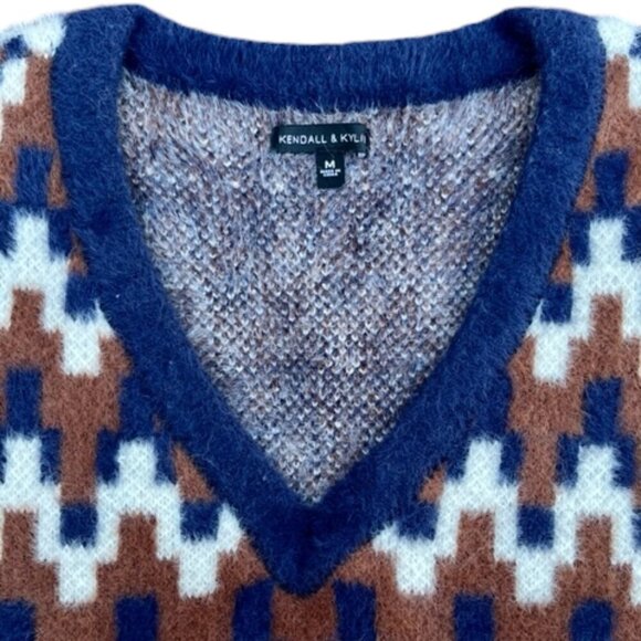 KENDALL + KYLIE Knitted Soft Fluffy Oversized V-Neck VEST Blue Brown White Med - Picture 3 of 8